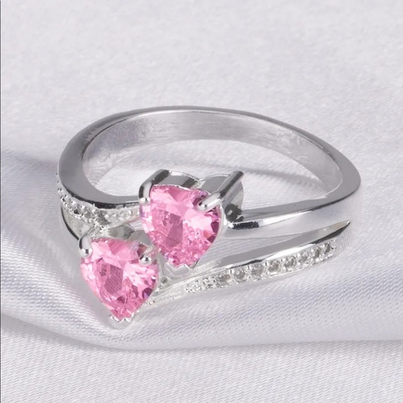 New Two Hearts 925 Silver Beautiful Pink Sapphire Ring - Picture 2 of 5